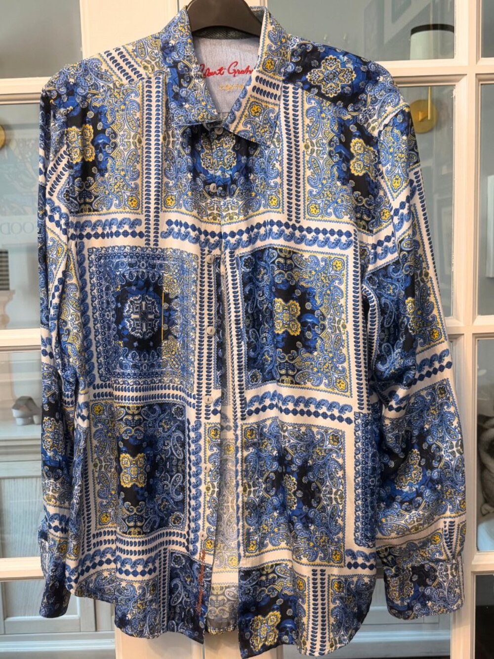 Robert Graham Limited Edition Onward Orion Blue Yellow Paisley Skulls Silk Shirt